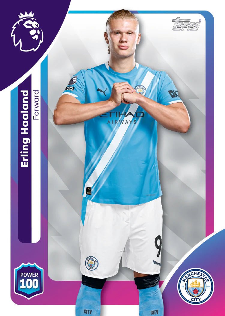 Soccer player card of Erling Haaland in a blue and white jersey with Manchester City logo.
