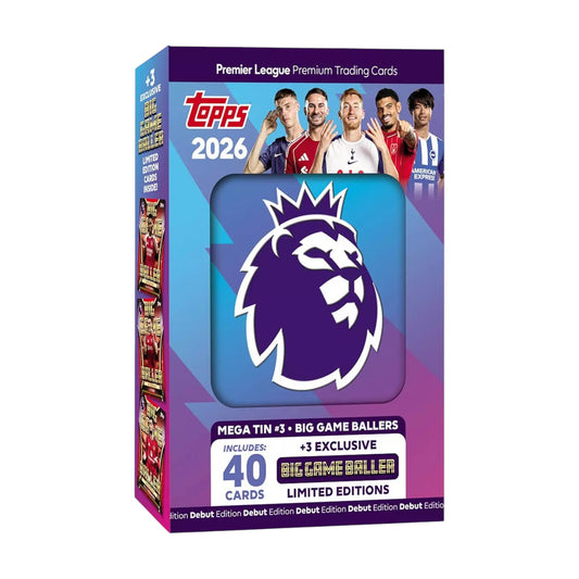 Topps Premier League 2026 trading card pack with lion logo and player images on a white background