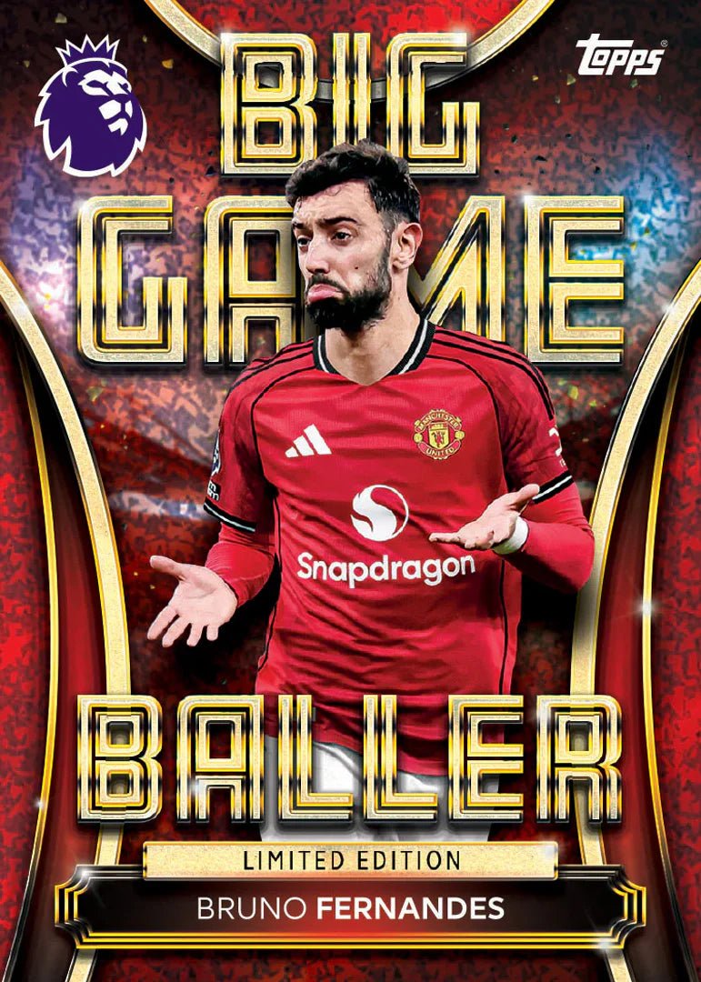 Sports trading card featuring Bruno Fernandes in a red jersey with 'Snapdragon' on a vibrant background.