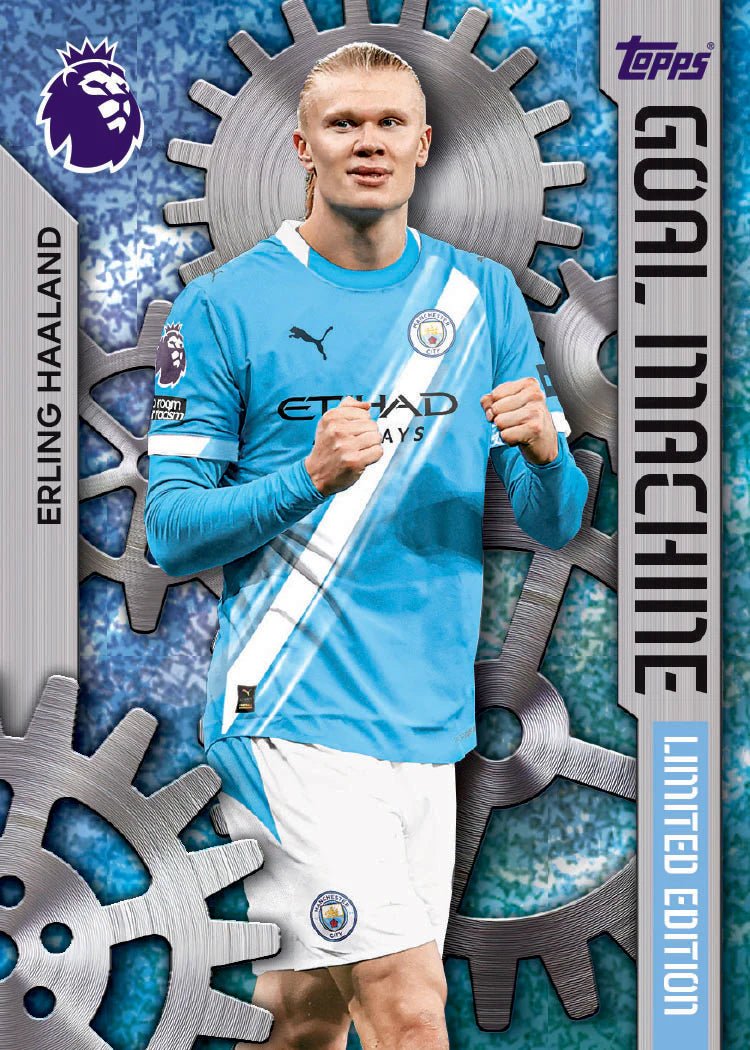 Soccer player card featuring Erling Haaland with gear design elements and Topps branding.