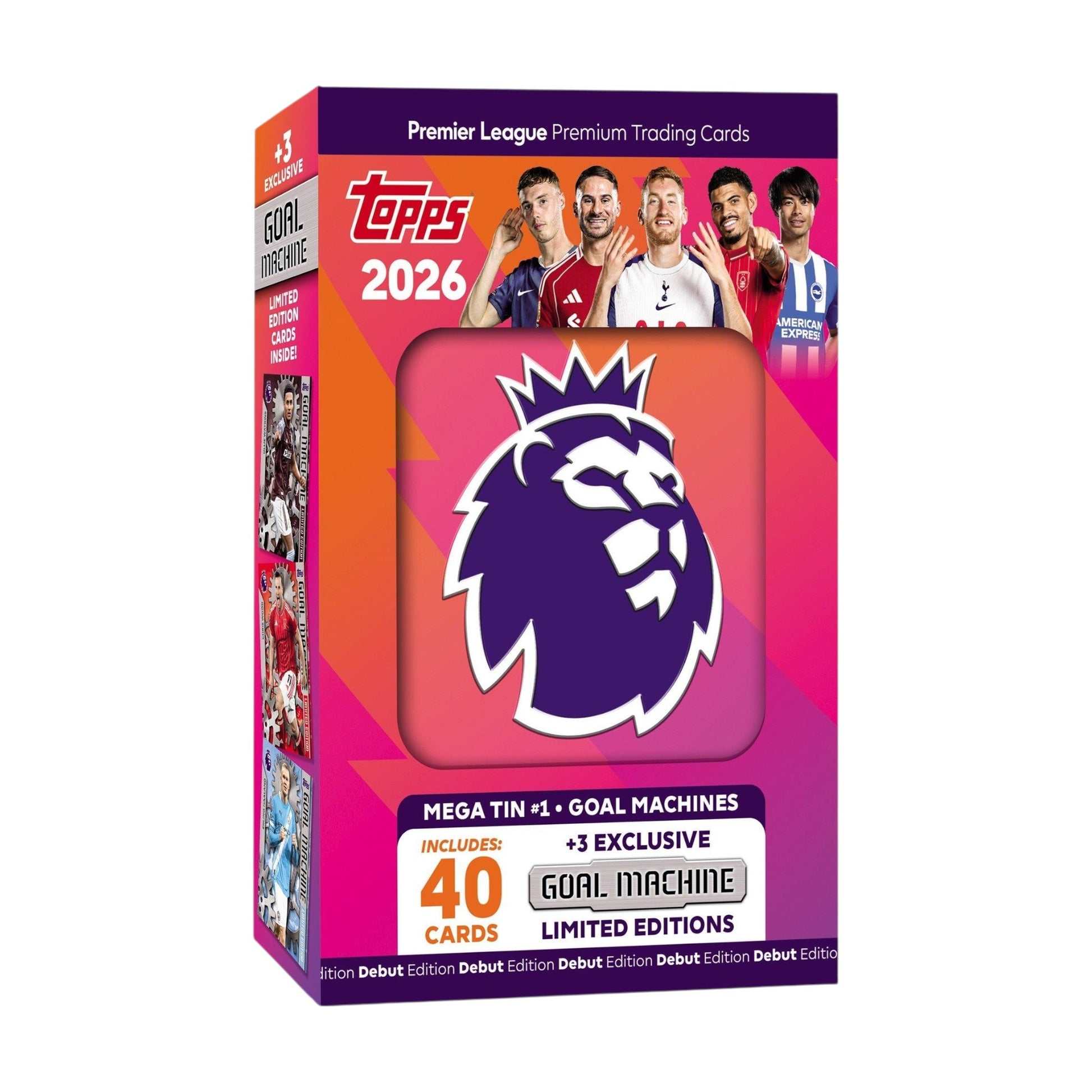 Topps Premier League 2026 trading card pack with lion logo and player images on a white background