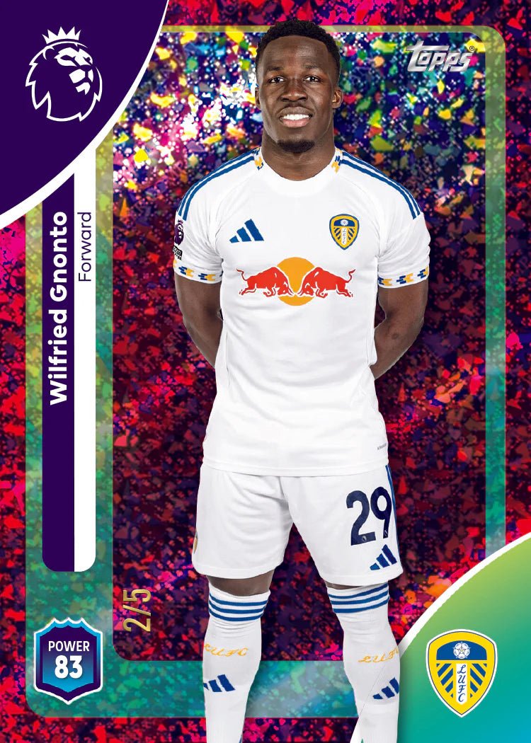 Soccer player card with colorful background and team logos