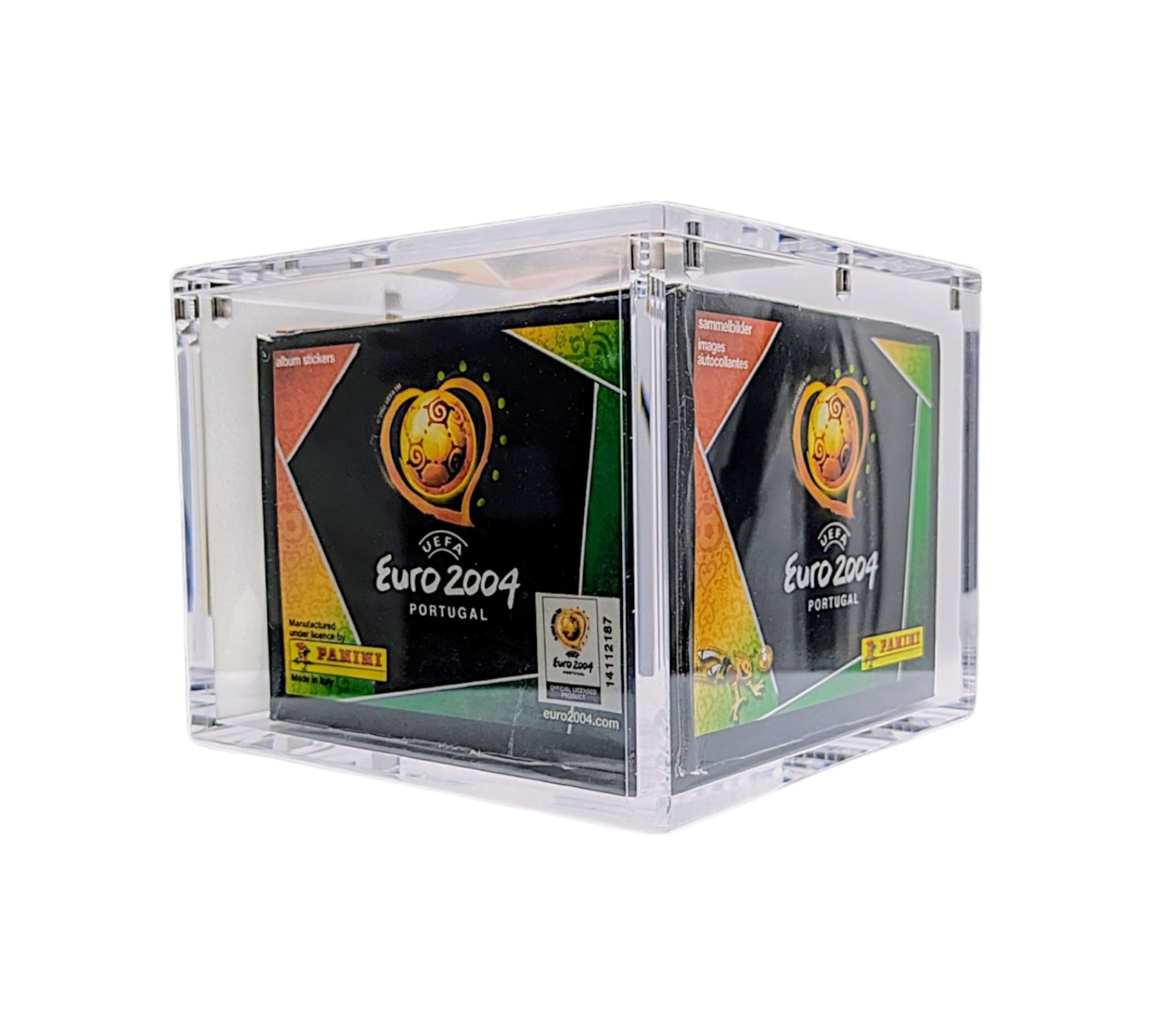 A clear acrylic display case with a box inside, designed to protect and showcase a collectible item, in this case a Panini sticker box.