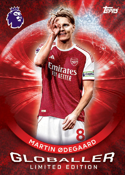 Soccer player in a red jersey with visible branding on a red background
