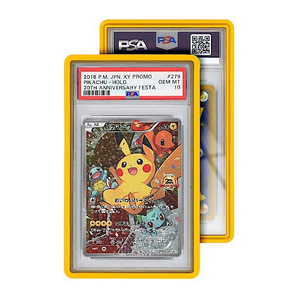 GradedGuard case in yellow color protecting a collectible card, displayed alongside its packaging.