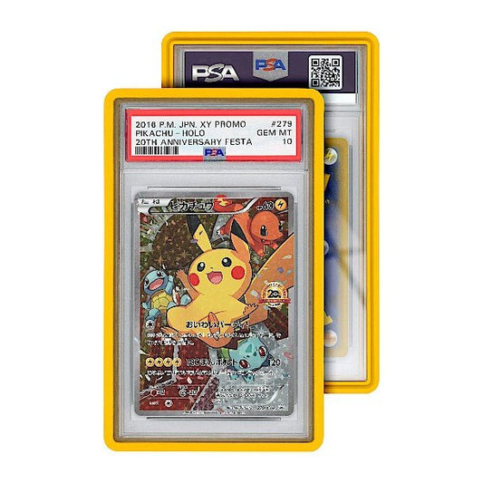 GradedGuard case in yellow color protecting a collectible card, displayed alongside its packaging.